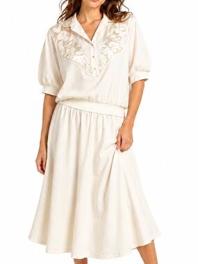 Regal Vintage Ivory Cream 2pc Short Sleeve Yoked Blouse & Dress Set Size Medium